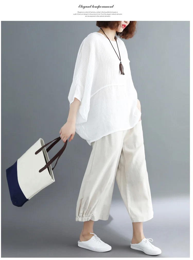 LZJN Summer Women Fashion Shirt Solid White Black Color Oversize Loose Tops Batwing Sleeve Casual Cotton Linen Blouse Plus Size (11)