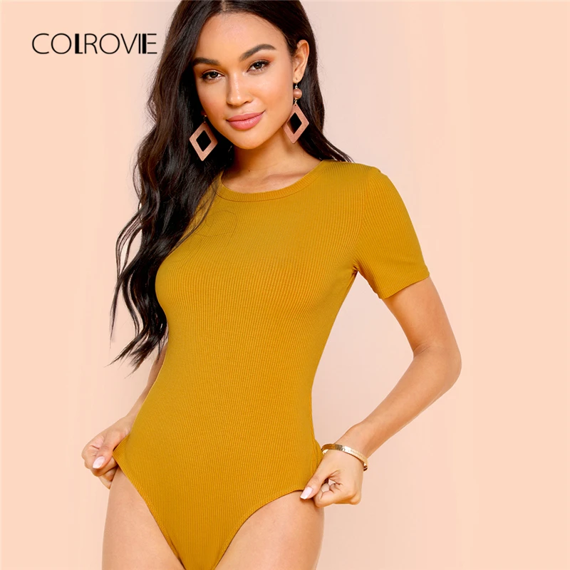 Billig COLROVIE Gelb Fester Form Fitting Strickte Weibliche Skinny Body 2018 Herbst Casual Mittleren Taille Kurzarm Frauen Bodys