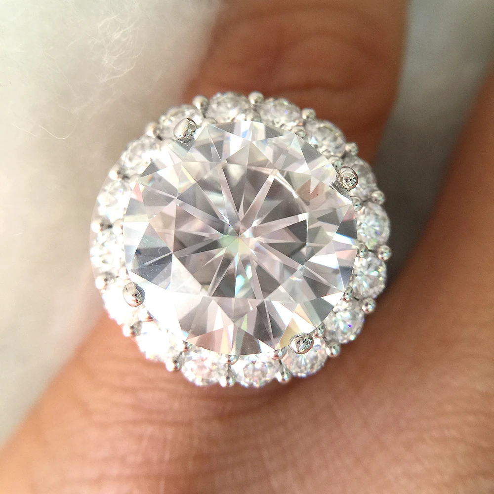 Настоящее Твердое 14 к 585 Белое золото 13CTW 14 мм круглая огранка обручальное& свадебное кольцо с муассанитом и бриллиантом двойное кольцо Halo для женщин