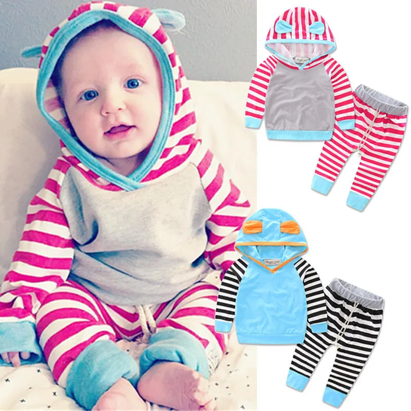 2016 New Arrival Newborn Baby Girl Hoodies Clothes Sets Cute Cartoon Tops Coat And Striped Casual Pants 2PCS Autumn Clothing