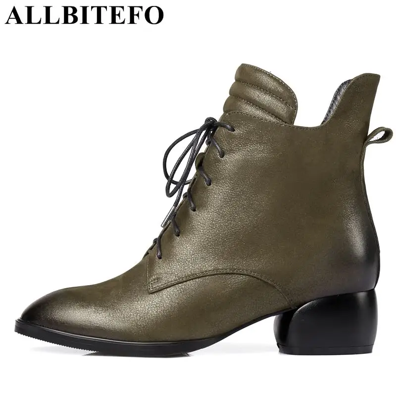 

ALLBITEFO genuine leather thick heel women boots fashion brand high heels ankle boots girls winter ladies boots girls shoes