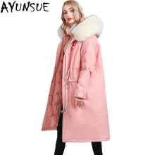 AYUNSUE, новинка, зимний теплый пуховик для женщин, мех енота, длинное пальто с капюшоном, большие размеры, парки, abrigos de mujer invierno LX2239