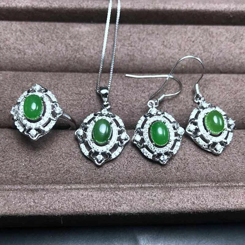 

Natural Gemstone Jewelry Hetian Jasper White/Rose Gold Color Women 925 Silver Wedding Necklace/Earrings/Ring Jewelry Sets YJS014
