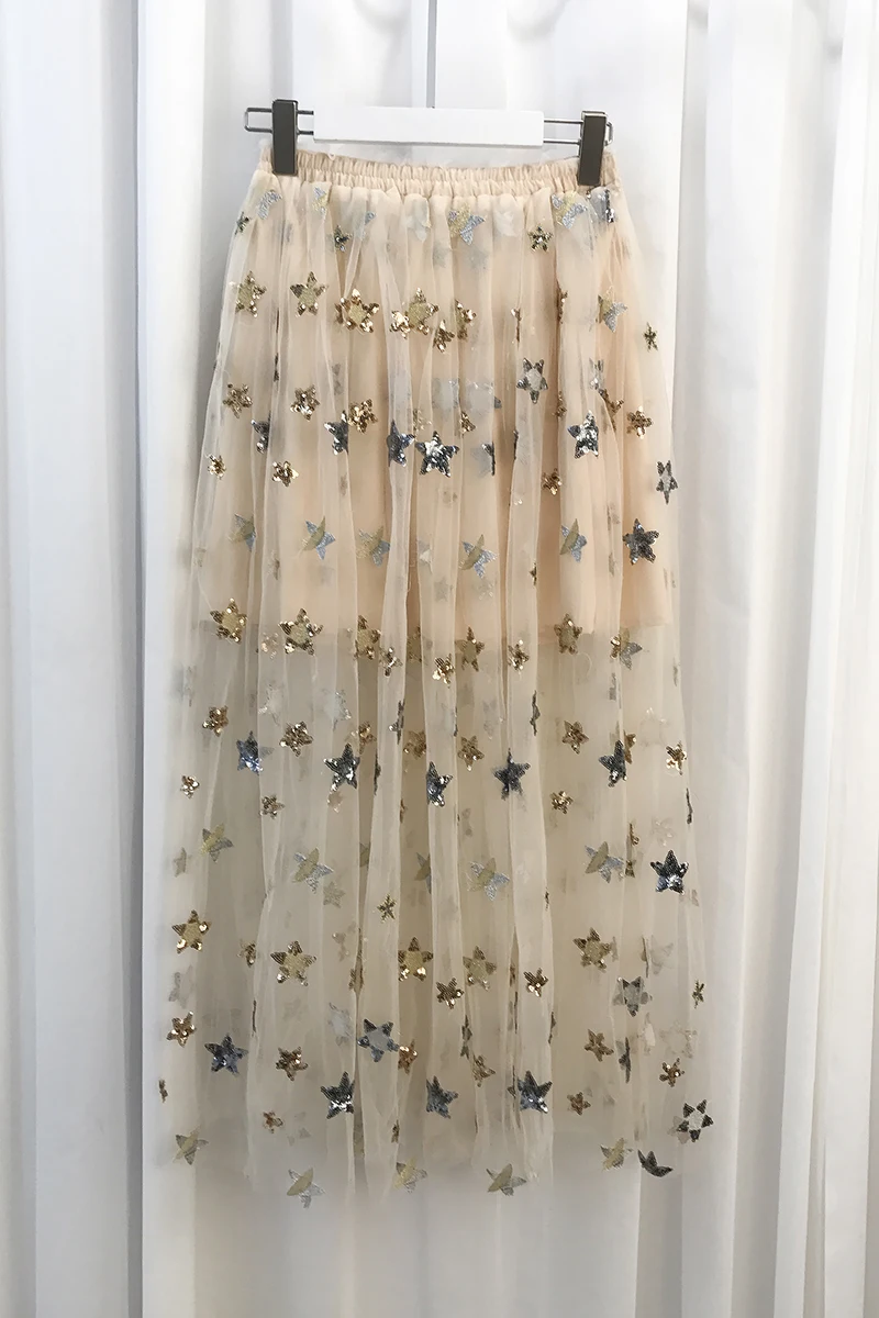 Летняя женская юбка модная вуаль пятиконечная звезда из бисера бусы блестками юбка юбка-трапеция женский