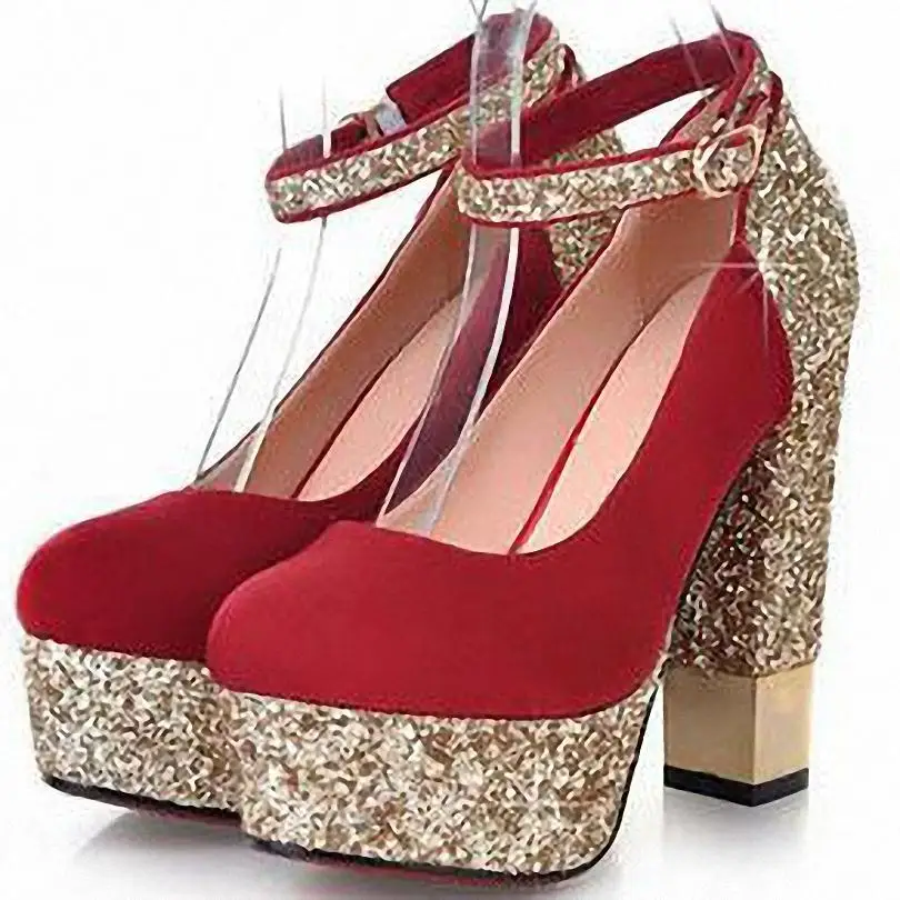 

Elegant Round Toe Square Heel Women Pumps 3 Colors Sparkle Platform Pumps Sexy High Square Heel Ankle Strap Women Shoes