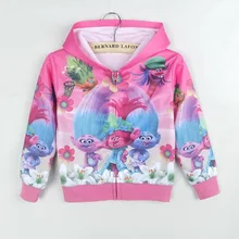 EMS/DHL Free shipping 2017 New Trolls Boy Girl Child Spring Autumn children Zip Hoodie Long Sleeved Sweater Coat Pink Color
