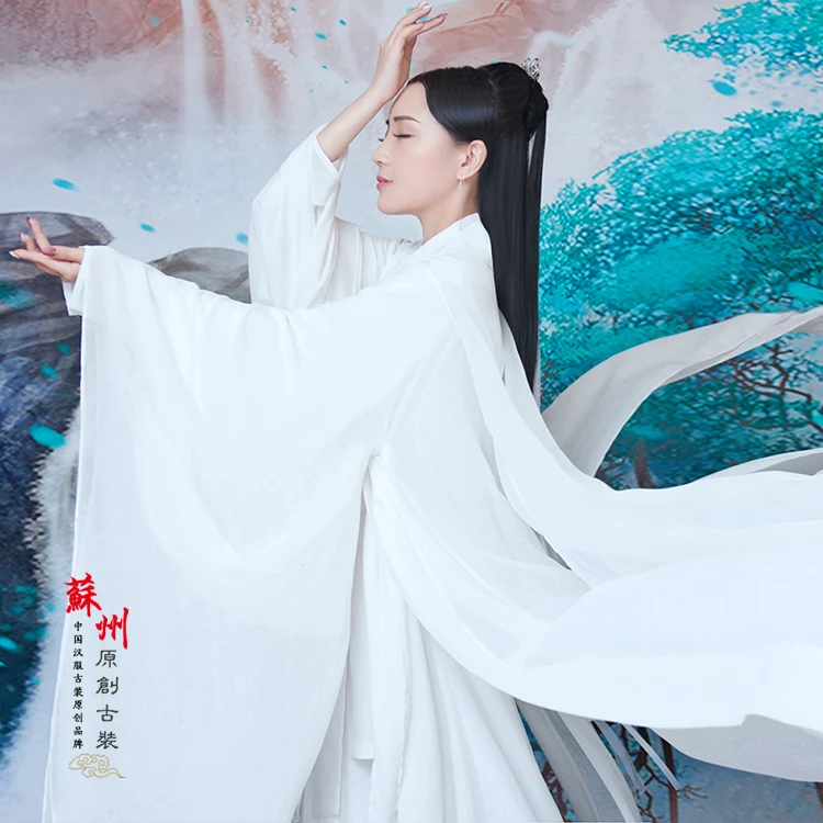 BaiQian чистый белый шифоновый костюм феи hanfu для фотосъемки или сценического представления персикового цвета Сказочный Костюм