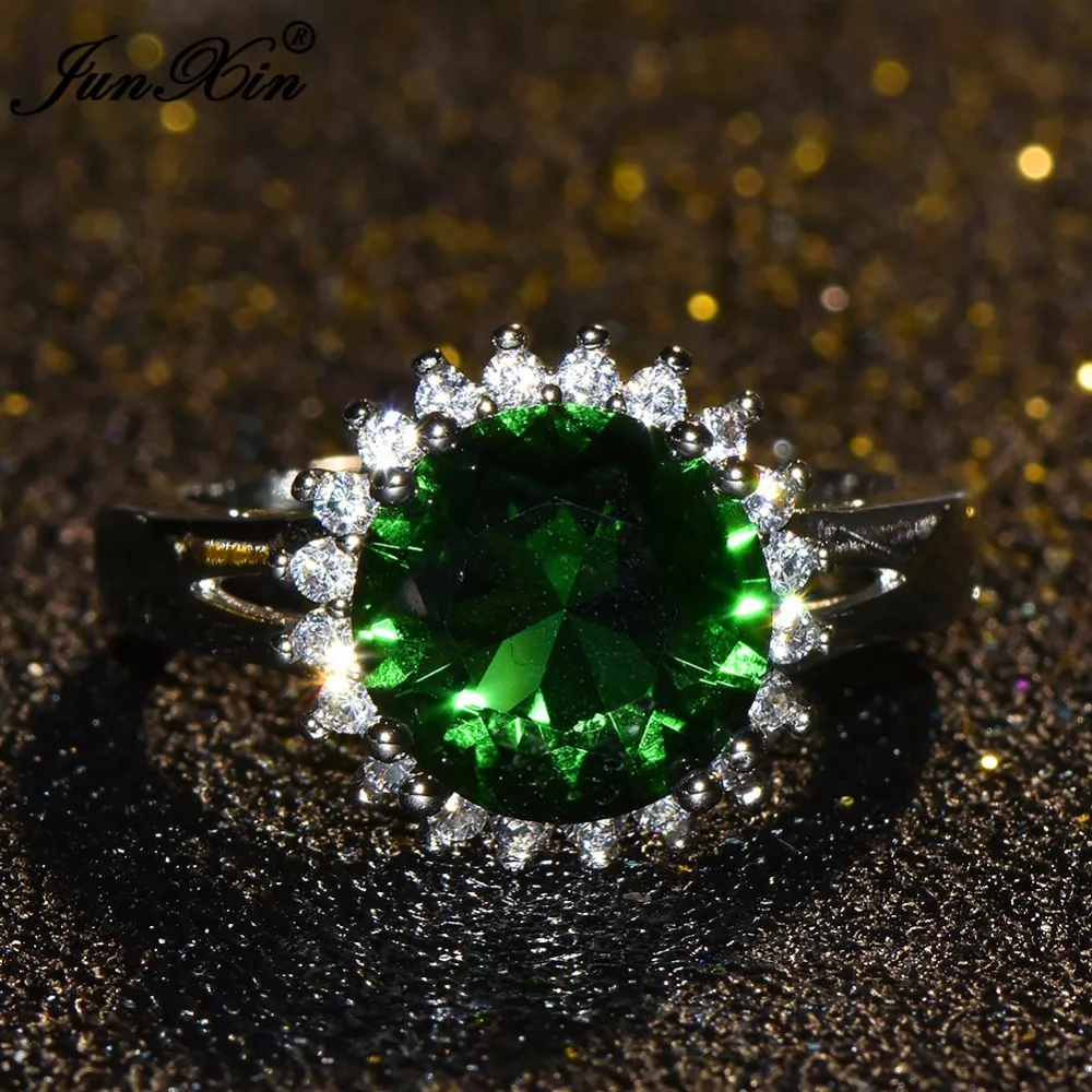 JUNXIN Luxury Big Green Finger Ring White Gold Color Promise Engagement