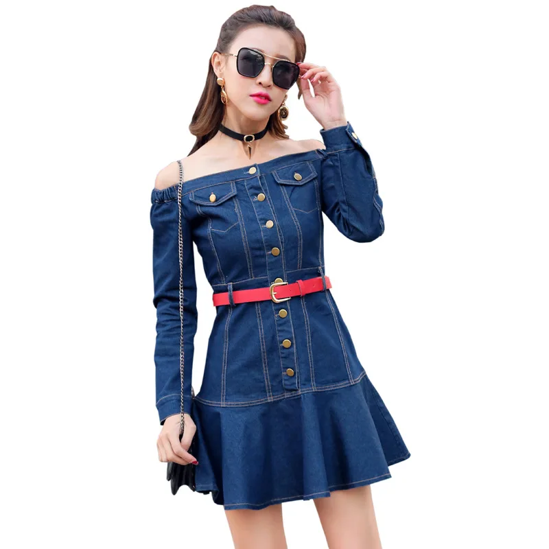 

Sexy Summer Denim Dress Women 2018 Spring Long Sleeve Off Shoulder Jeans Dresses ladies Slash neck Denim mini Dress with belt