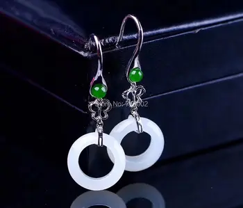 

Fair Natural White Jade Green jadeite earrings S925 Silver Inlay jasper earring