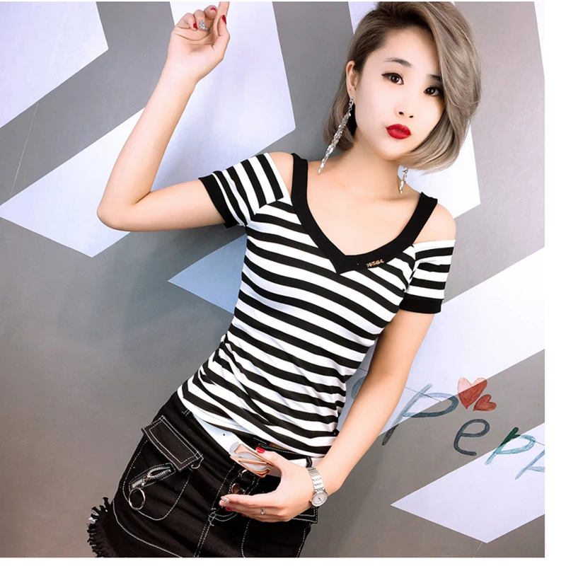 Топ с открытыми плечами женские летние топы футболка с v-образным вырезом Женская Корейская одежда футболка Femme женская футболка Camisetas Mujer