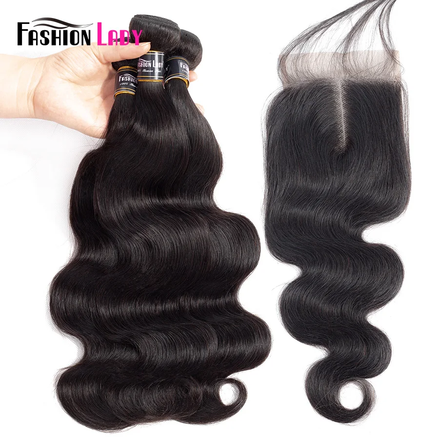 

Fashion Lady Pre-colored Brazilian Human Hair Bundles With Closure 1b# BodyWave Bundles 3 Pcs with Closure Middle Part Non-remy
