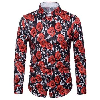 

Luxury Brand Men's Rose Floral Print Dress Shirts 2018 Fashion Casual Slim Fit Long Sleeve Shirts Male Camisa Social Masculina