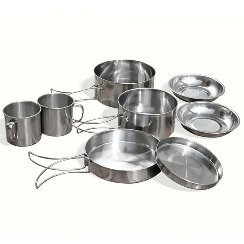 8PcsSet Stainless Steel Camping Cookware Durable Outdoor Cooking Backpacking Gear For Hiking Picnic Pot Pan Plate Cookset