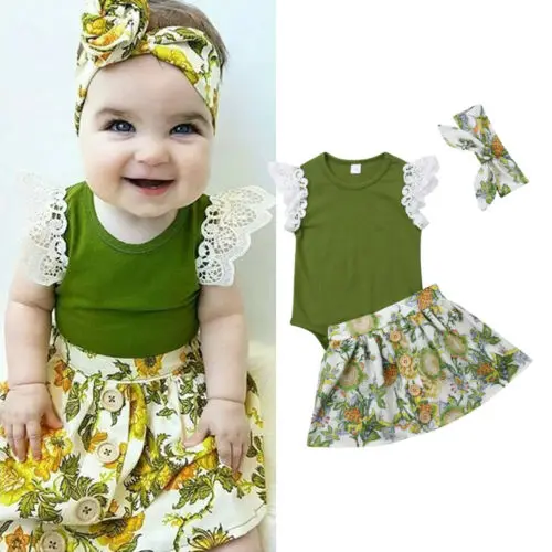  3PCS Toddler Kids Baby Girl Clothes Lace Tops Romper+Tutu Dress+Headband Outfits