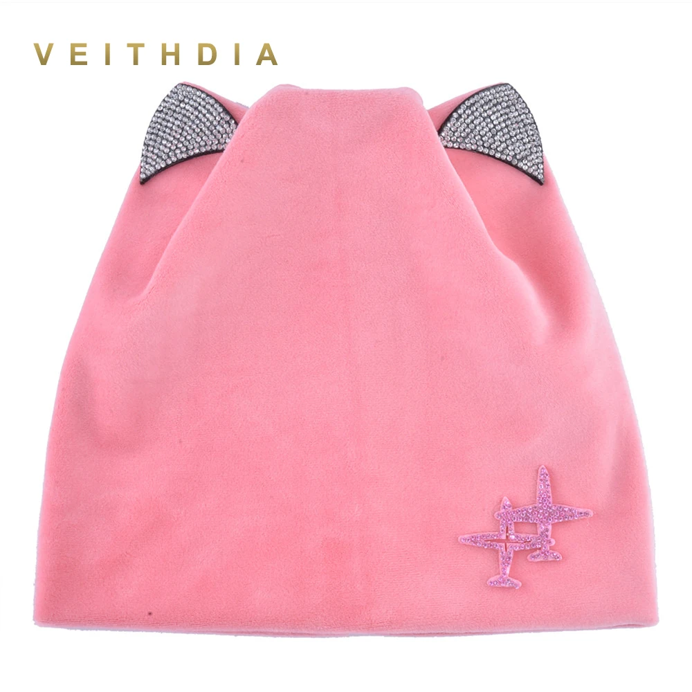 

Autumn Winter Women's Beanies Cat Hat Ladies Warm Velvet Skullies Cap Aircraft Flashing Rhinestone Ear Flaps Girls Bonnet Touca