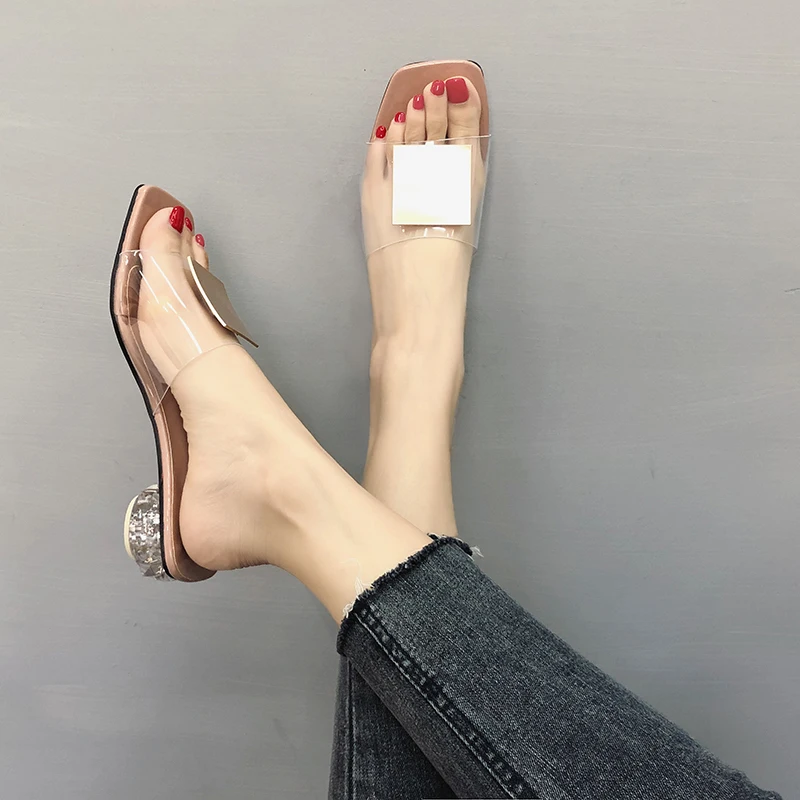 

Women's Slippers 2019 Shoes Square heel Med Transparent Heel Socofy Designer Slides New Flat Summer Soft Luxury Sliders Rome PU