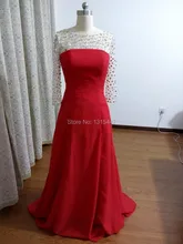 Echt Kristall Langarm Prom Kleider 2016 Vestido Longo Scoop Neck Sexy Women Red Chiffon Langen Abendgesellschaft Kleider Formale
