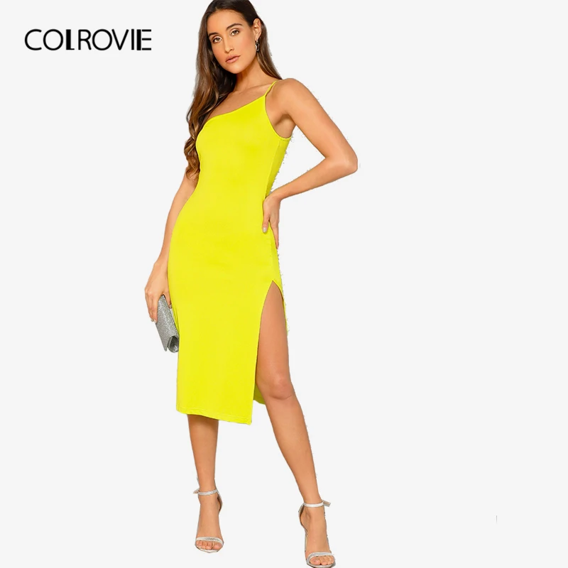 Женское длинное платье на одно плечо COLROVIE неоново желтое футляр без рукавов с