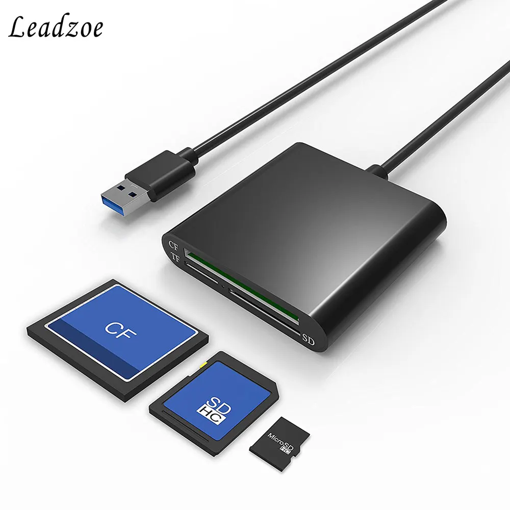 Leadzoe Алюминий USB 3,0 Портативный Card Reader 3-слот флэш чтения карт памяти CF/SD/TF Micro SD/MD/MMC/SDHC/SDXC флэш-карт