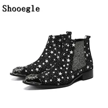 SHOOEGLE/мужские ботильоны со звездами; Ботинки Челси с острым носком; ковбойские ботинки; Повседневная обувь в стиле милитари; Bota Masculina;