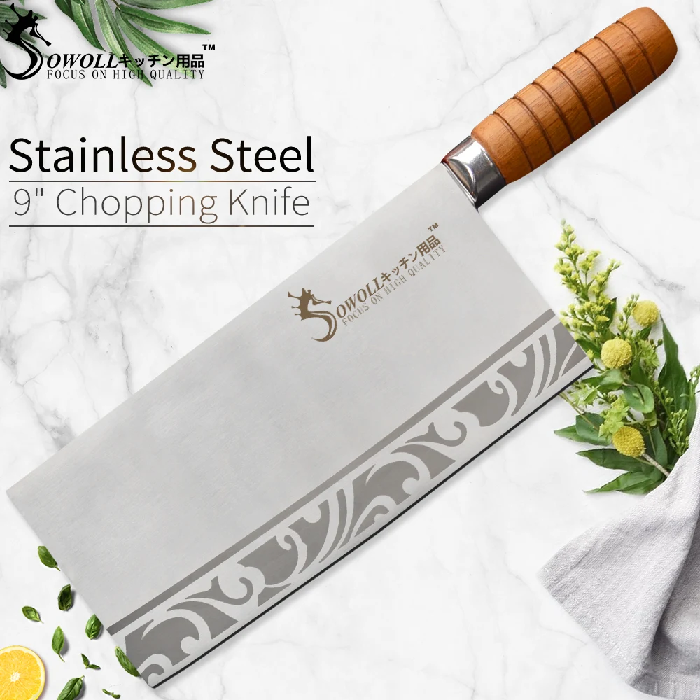 SOWOLL 9 inch Chinese Chef Knife Meat Cleaver 7Cr17 Stainless Steel