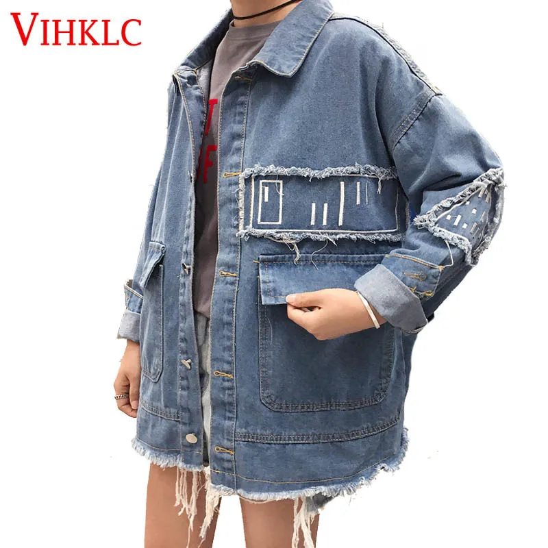 

2018 Women Denim Jacket Spring & Autumn Long Sleeve Outerwear Jean Parka Coat Large Fringe Pockets Oversize Female Clothing T499