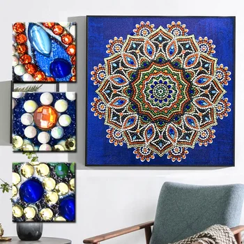 

RUBOS Diamond Painting Blue Mandala Flower Triptych DIY 5D Diamond Embroidery Picture of Rhinestones Pearl Big bead Mosaic Sale