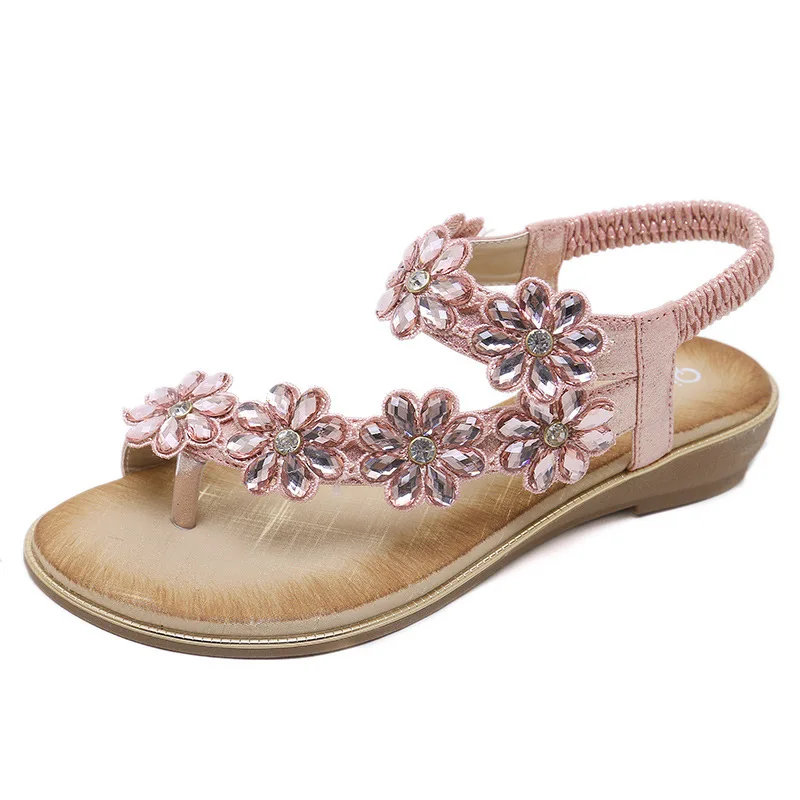 Bohemia Flower Rhinestone Sandals Comfortable Travel Shoes Women Sandals String Bead Clip Toe 