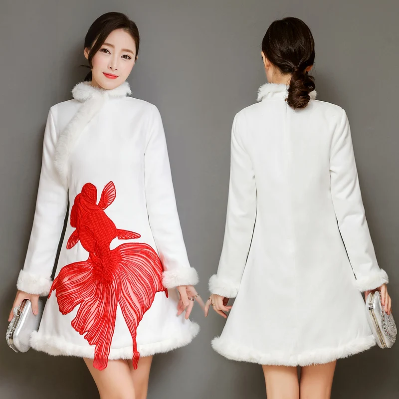 High Quality 2018 Winter Modified Cheongsam Chinese Style Warm Fur Collar Long Sleeved Thickened Goldfish Slim Women Dress | Женская