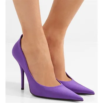 

EMMA KING 2018 New Silk Purple Pointed Toe Office Ladies Shoes Women Shallow Slip-on High Heels Stiletto Pumps Sexy Dress Pumps
