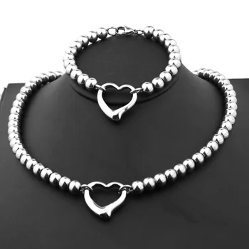 

Hot Sell Women's Silver Stainless Steel 8mm Beads Ball Handmade Hollow Heart Charm Necklace Bracelet Set