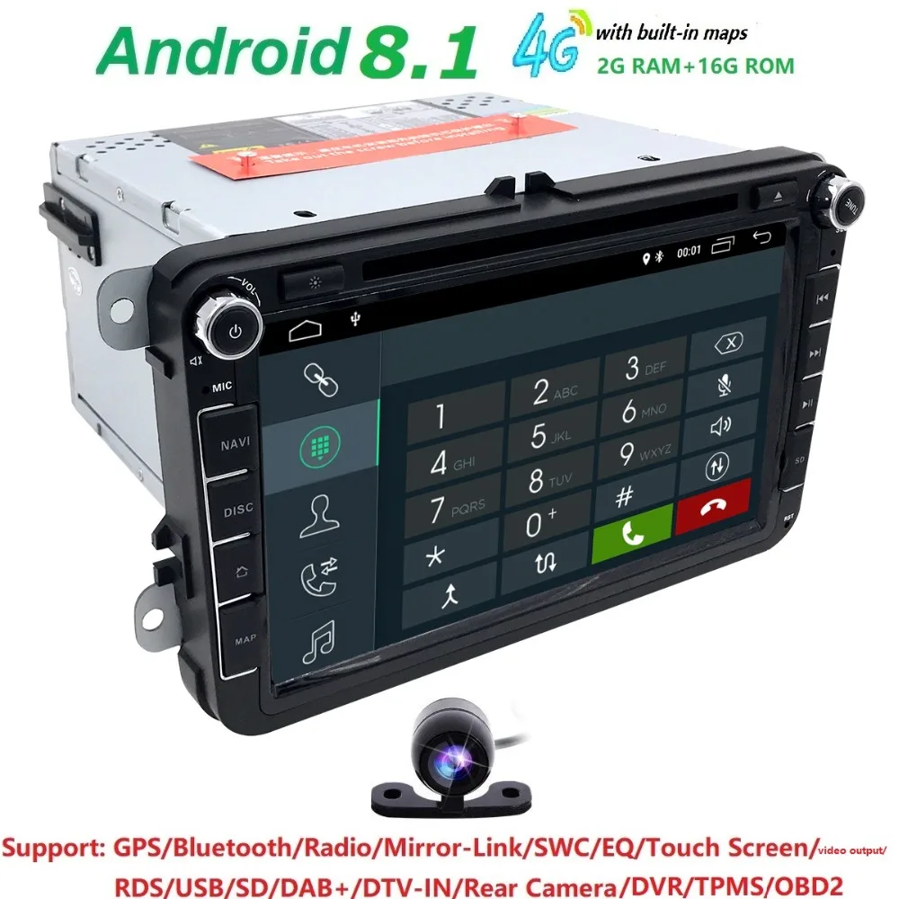 

4G WIFI QuadCore Android 8.1 2GB+16GB 2 Din Car DVD GPS Navi Radio Player For V W Skoda Octavia 2 SWC DVR RDS DVBT DAB+BT Camera
