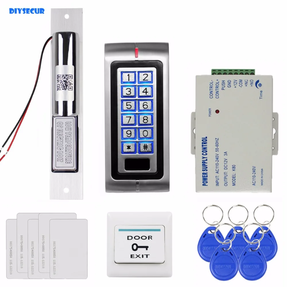 

DIYSECUR Electric Bolt Lock 125KHz RFID Password Keypad Access Control System Security Kit + Exit Button K2
