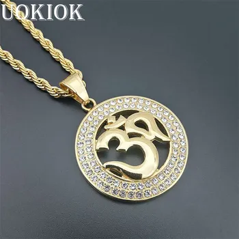 

Hip Hop Round Indian Yoga Pendant Necklace Gold Color Stainless Steel OHM Hindu Buddhist AUM OM Necklaces Religious Jewelry