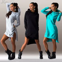 Jin she 2016 recién llegado de winter dress o-cuello del algodón del estilo sólido irregular de las mujeres encapuchadas de manga larga moda casual dress