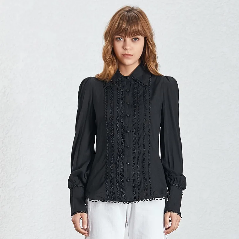 black TWOTWINSTYLE элегантная кружевная Лоскутная белая блузка для женщин с отворотом, с длинным рукавом, свободная женская рубашка, лето, модная одежда, новинка - Цвет: black