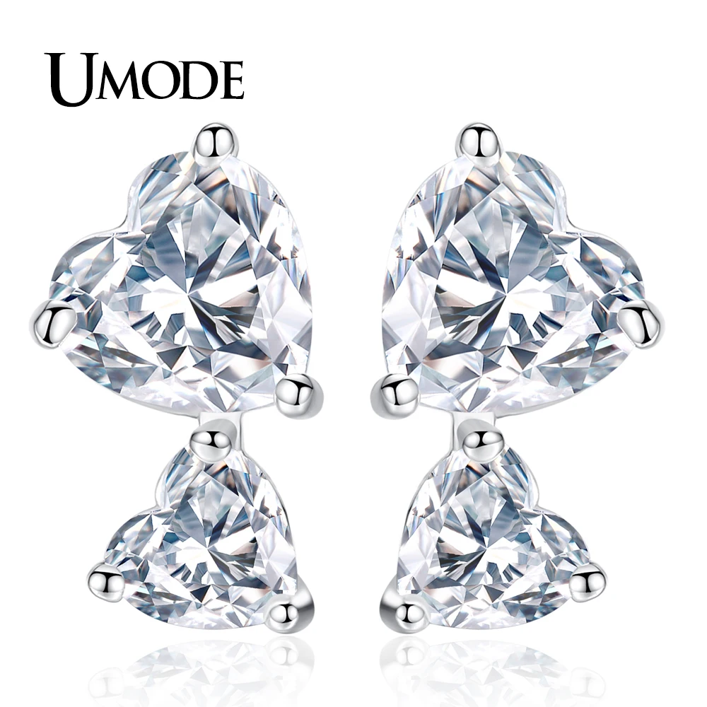 UMODE Trendy Fashion Wedding Jewelry Double Hearts CZ Crystal Stud Earrings for Women Love Gift Boucle D'Oreille Femme AUE0336