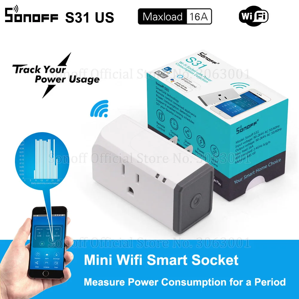 

Sonoff S31 US 16A Mini Wifi Smart Socket Home Power Consumption Measure Monitor Energy Usage App Remote IFTTT Control with Alexa