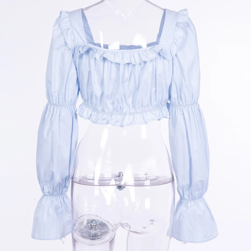 InstaHot Блузы с пышными рукавами квадратным вырезом женские винтажные рубашки осенние с рюшами с оборками кроп топы, Элегантная блузка с открытыми плечами, однотонные