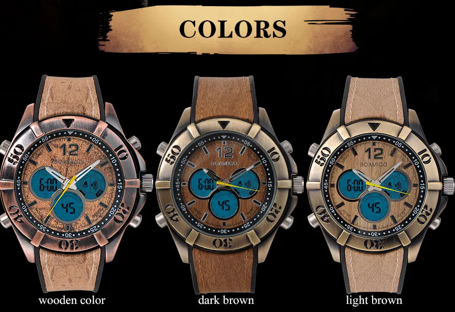 BOAMIGO Brand Vintage Punk Men's Watches Retro Wood Design Analog Digital LED Quartz Watch Waterpfoof 2 Time Zone Wristwatches (6)