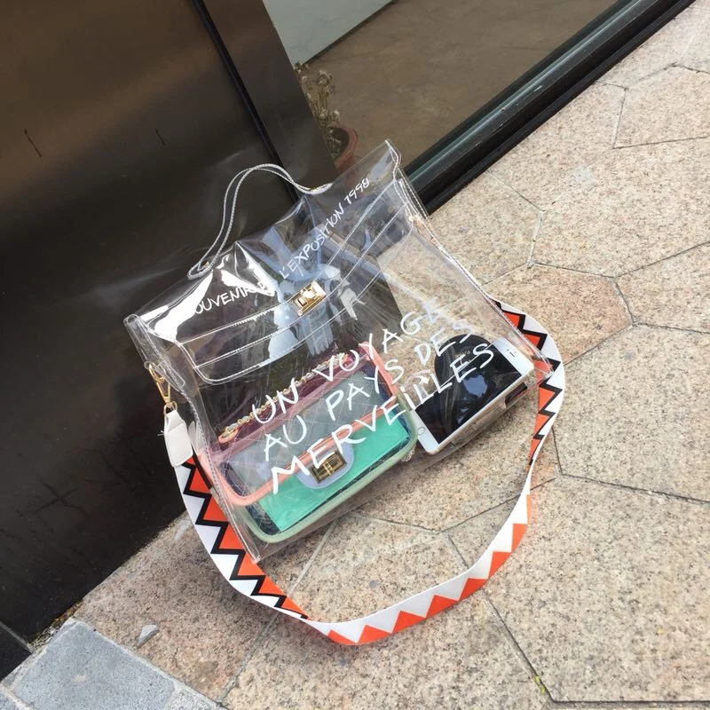 

Big Transparent Bag Letter Printing White Orange Beach Bag Women Large Tote with Colorful Wide Strap Handbag Sac Femm