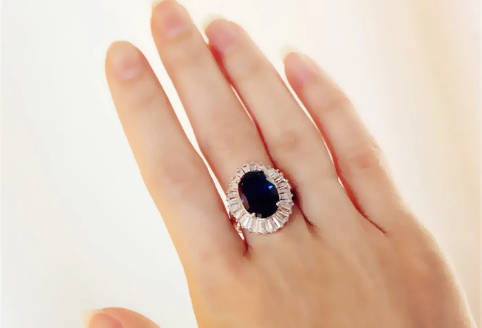 Роскошное великолепное привлекательное овальное кольцо с большим королевским синим камнем ТРАПЕЦИЕВИДНОЕ кольцо с кристаллами колонна объемное женское свадебное ювелирное изделие подарок