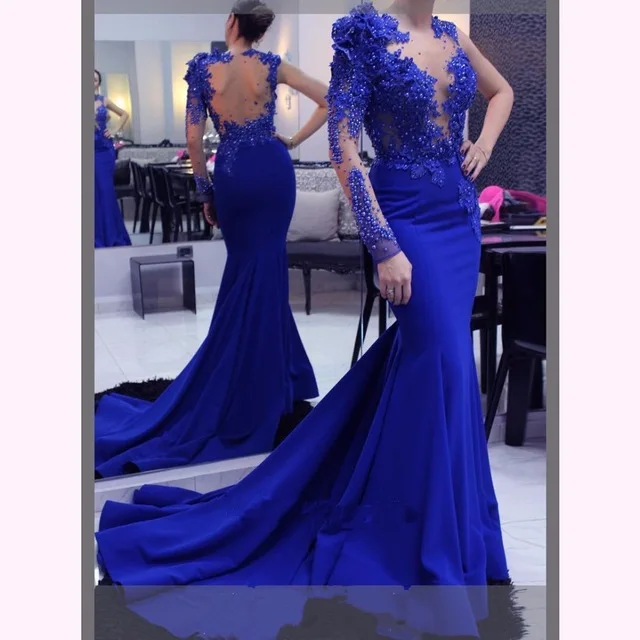 Evening Dress Long 2019 Mermaid One Shoulder Bead Flower Full Sleeves Backless Royal Blue Formal Party Prom Gown Robe De Soiree Evening Dress Long 2019 Mermaid One Shoulder Bead Flower Full Sleeves Backless Royal Blue Formal Party Prom Gown Robe De Soiree