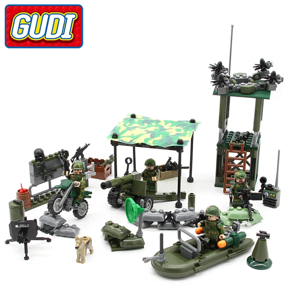

GUDI Lookout UAV Boat Outpos Firewire Blocks Military SWAT Police Team Army Soldier Weapon Set Dog Toys For Children