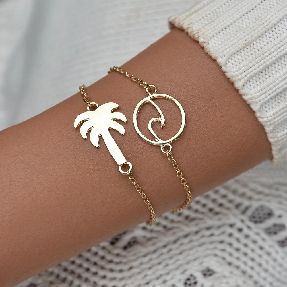 

2019 NEW 2 layers gold color chain ocean style ocean wave Coconut tree pendant charm statement Bracelet women jewelry
