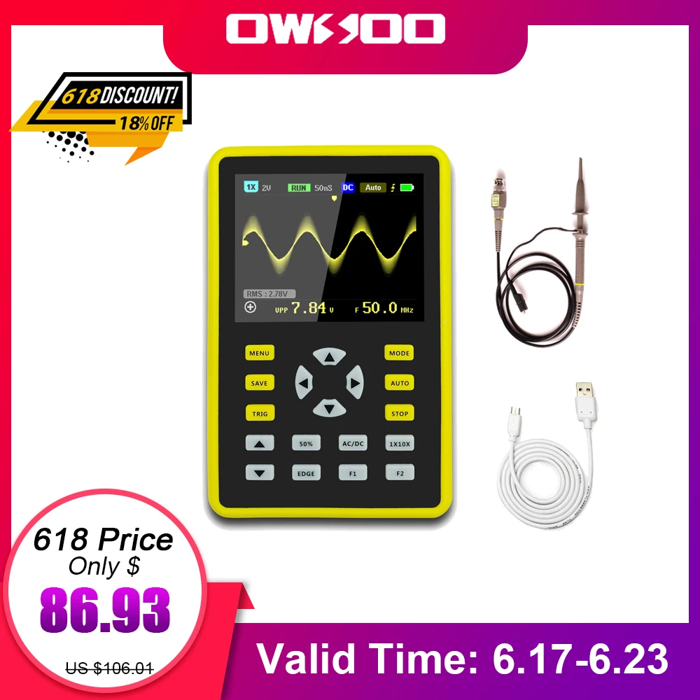 

5012H 2.4" LCD Display Screen Handheld Portable Digital Mini Oscilloscope with 100MHz Bandwidth and 500MS/s Sampling Rate