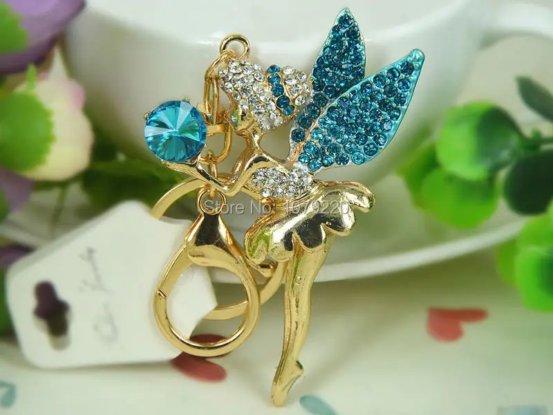 Blue Angel Keyring18K Gold Plated Rhinestone Crystal Charm Fashion Jewellery Women Handbag Buckle Pendant  Key Chain Gift