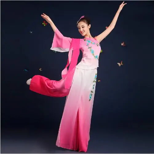 (0125) woman Chinese umbrella fan classical Folk dance costume pink sequins peony Embroidery Jasmine Hanfu yangko dance clothing