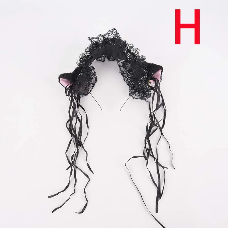 Кружевные повязки на голову для косплея, принцесса, милая Лолита, повязки на голову с кошачьими ушками, обруч для волос, аксессуары для волос, аниме, кошка, девочка - Цвет: H